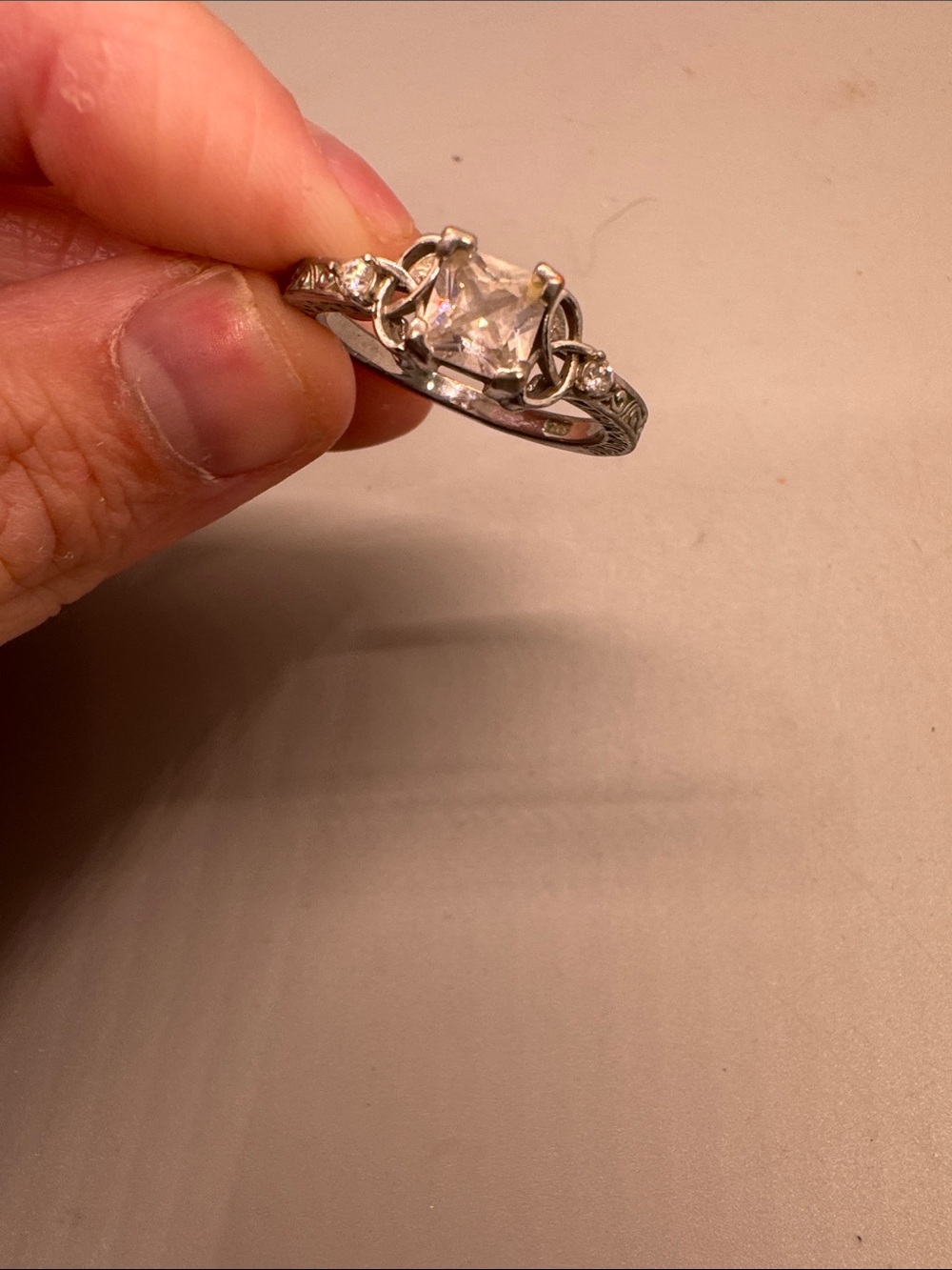 Classic Silver Celtic Knot Ring with Clear Stone